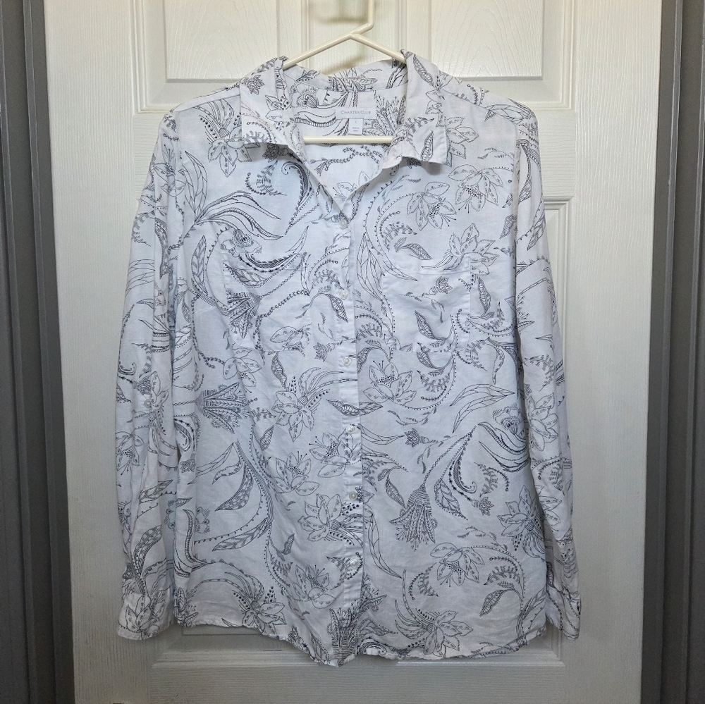 Charter Club Blk White Botanical Print Linen Cotton Button Down Shirt Western Lg